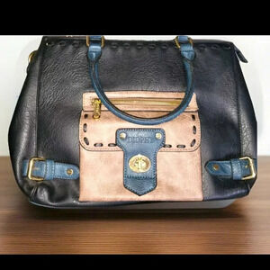 Diophy Women’s Large Leather handbag Crossbody Black/ Blue/tan Multiple Pockets